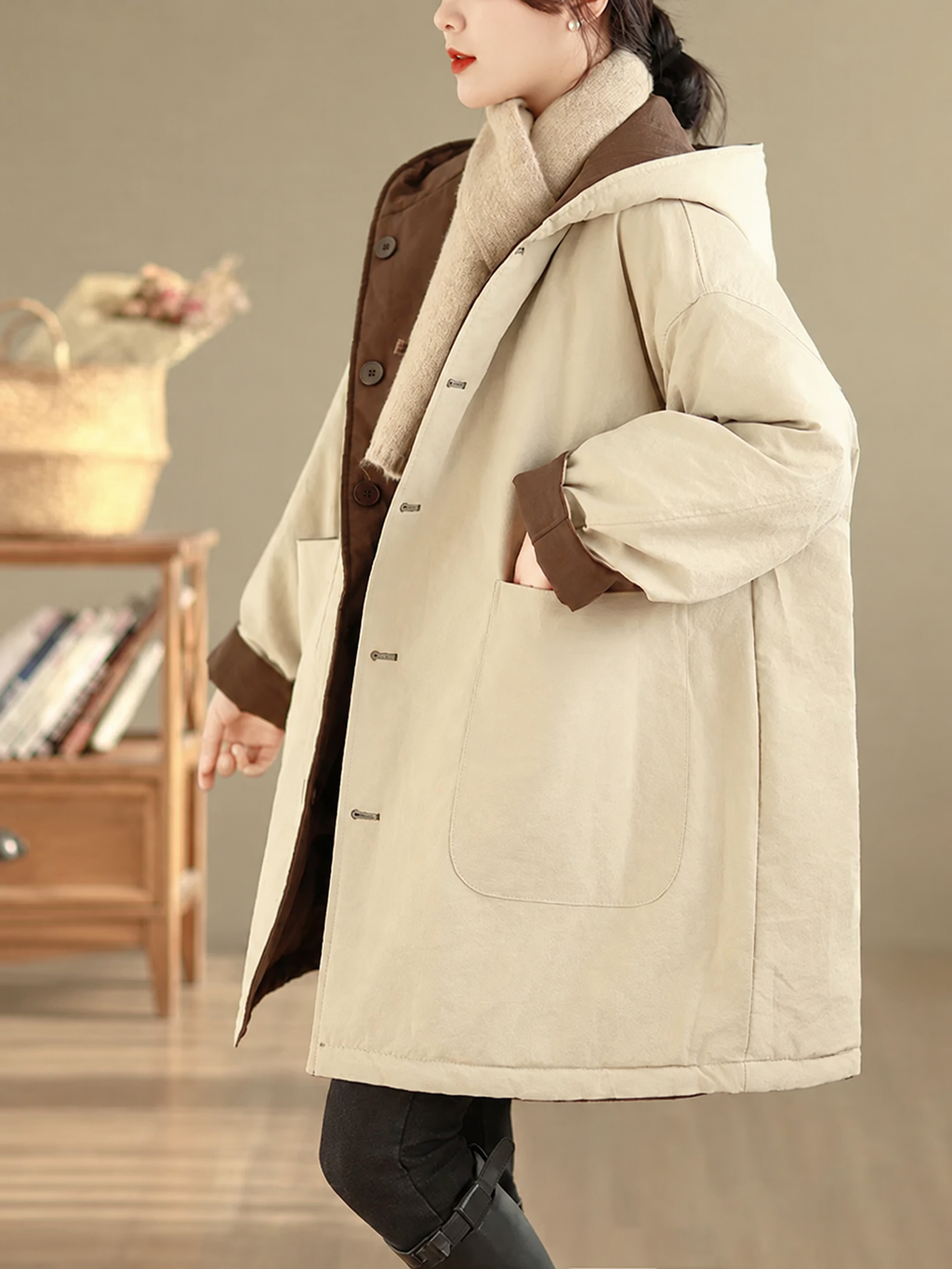 Reversible Hooded Padded Coat with Patch Pockets