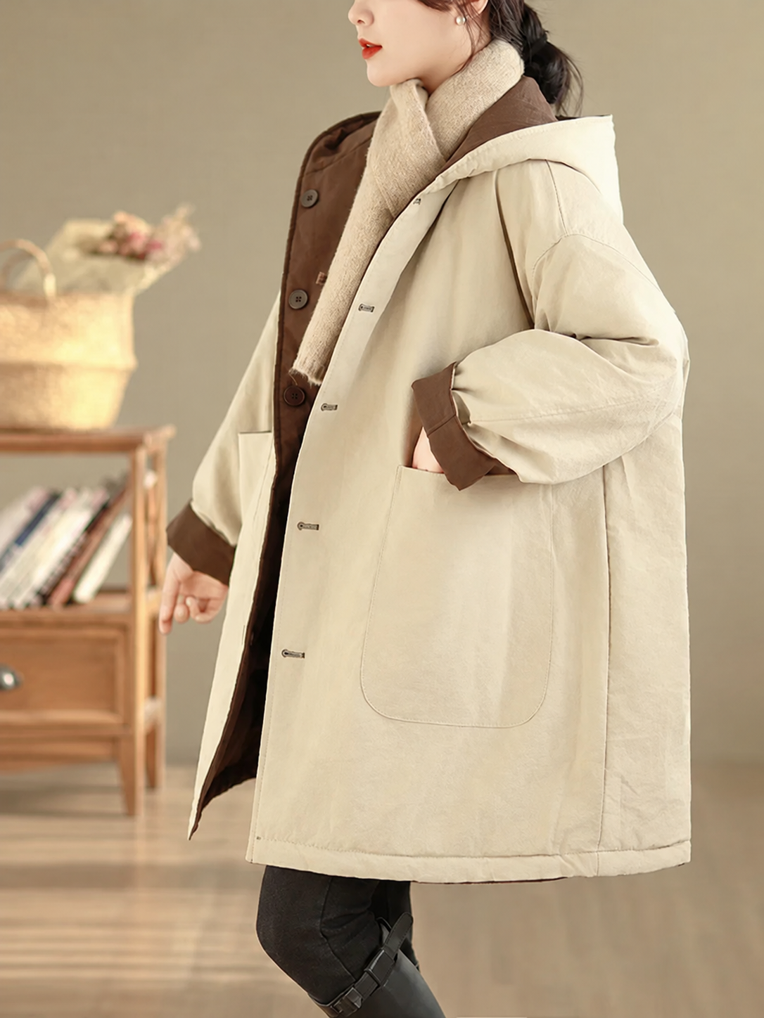 Reversible Hooded Padded Coat with Patch Pockets
