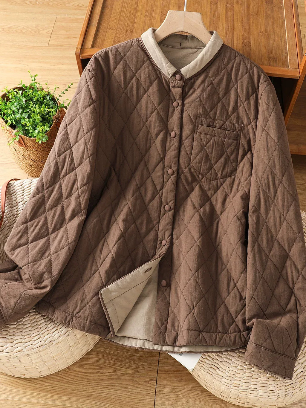 Diamond Quilted Contrast Collar Padded Jacket