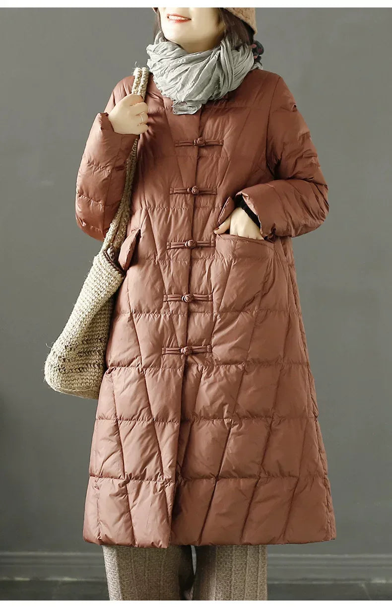 Diamond Quilted Frog Button Mandarin Collar Midi Padded Coat