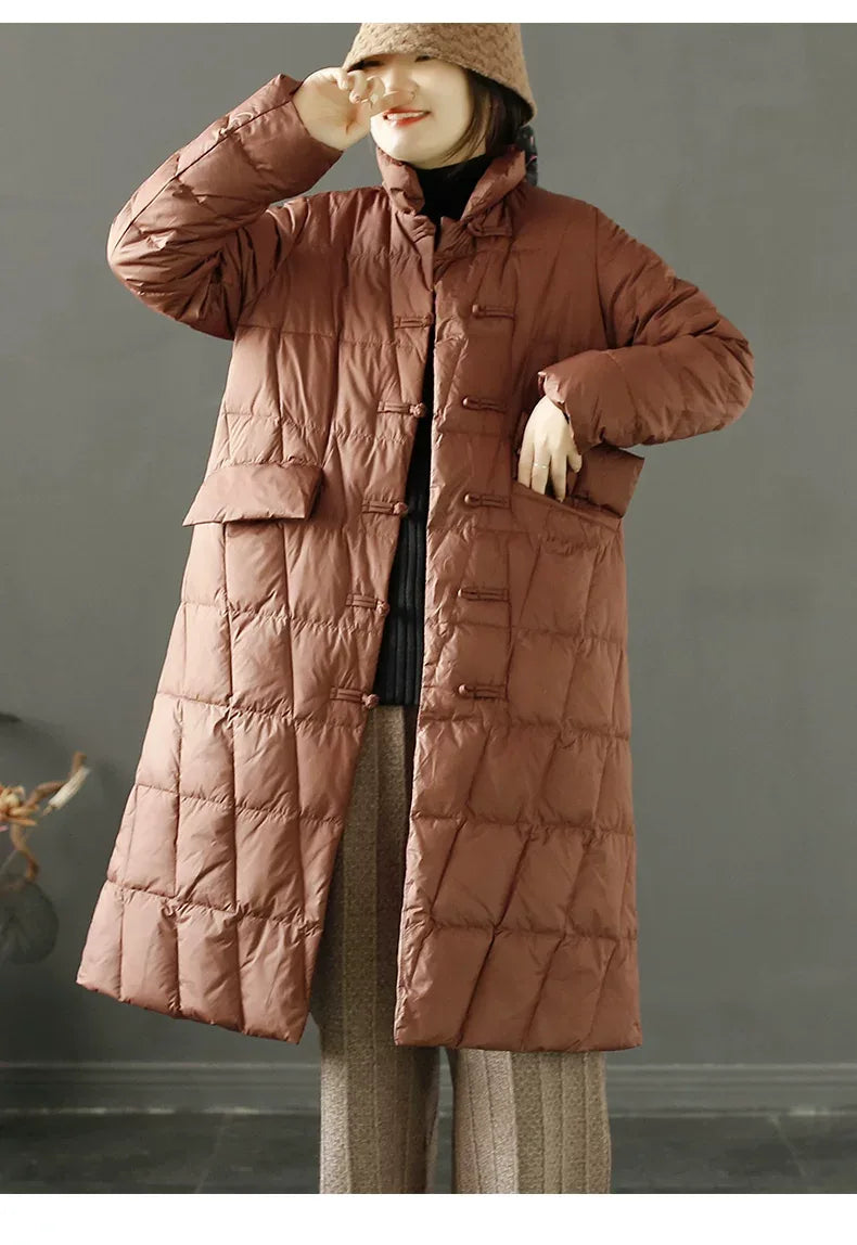 Diamond Quilted Frog Button Mandarin Collar Midi Padded Coat