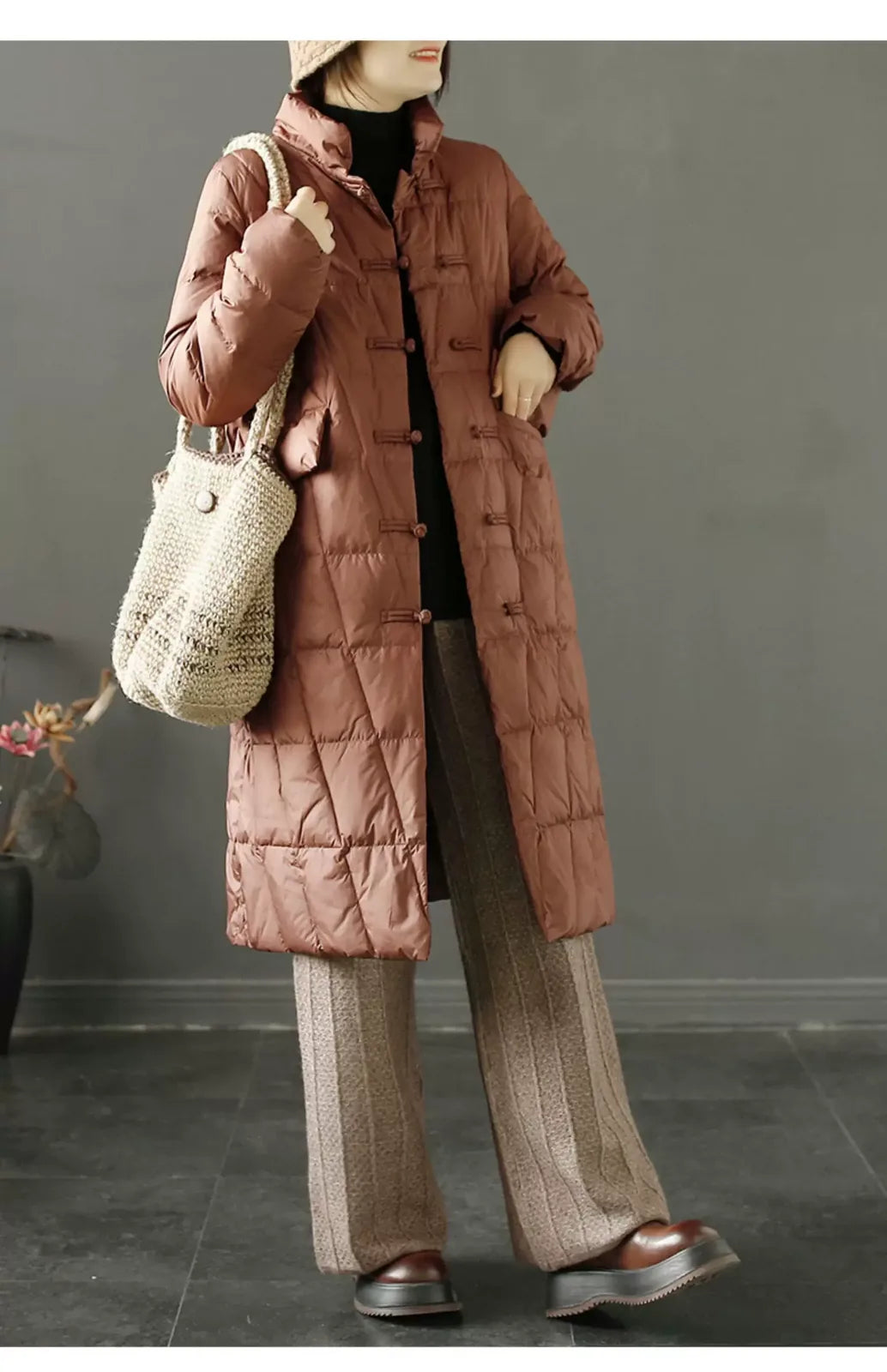 Diamond Quilted Frog Button Mandarin Collar Midi Padded Coat