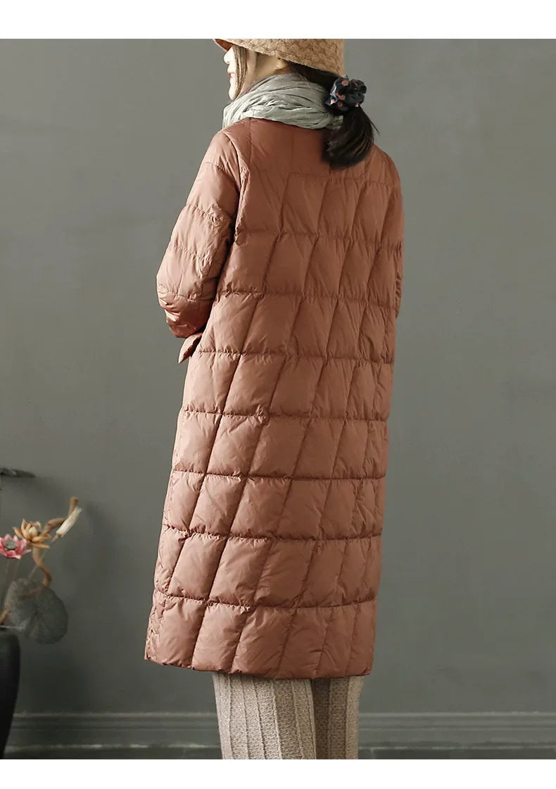 Diamond Quilted Frog Button Mandarin Collar Midi Padded Coat