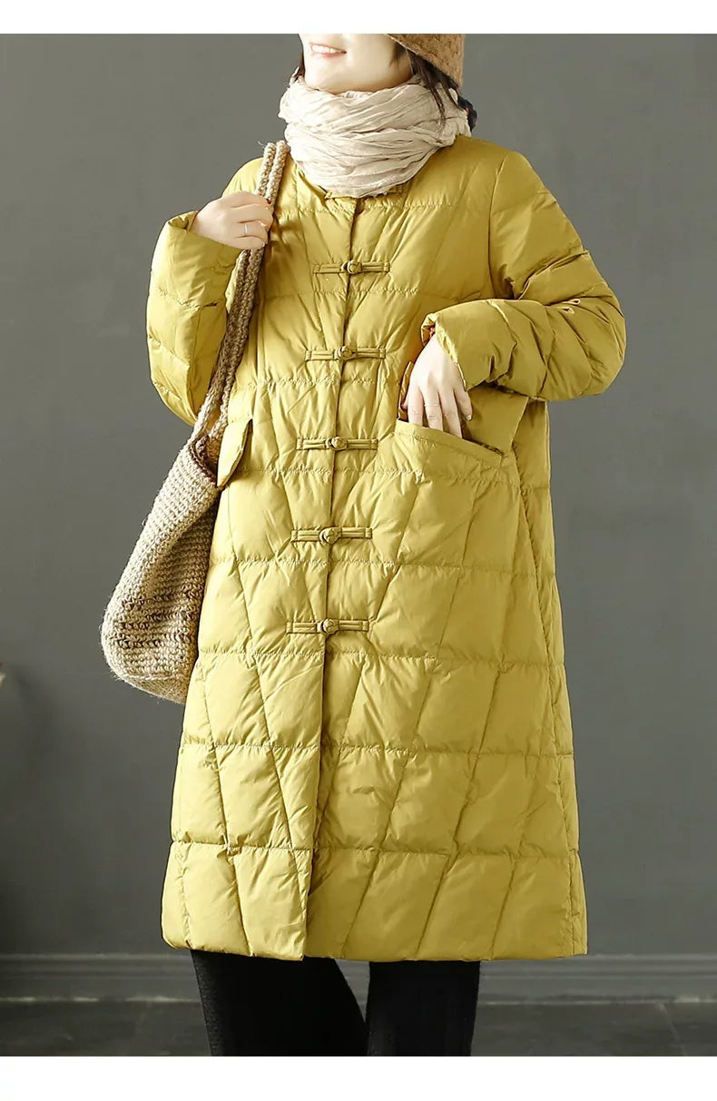 Diamond Quilted Frog Button Mandarin Collar Midi Padded Coat