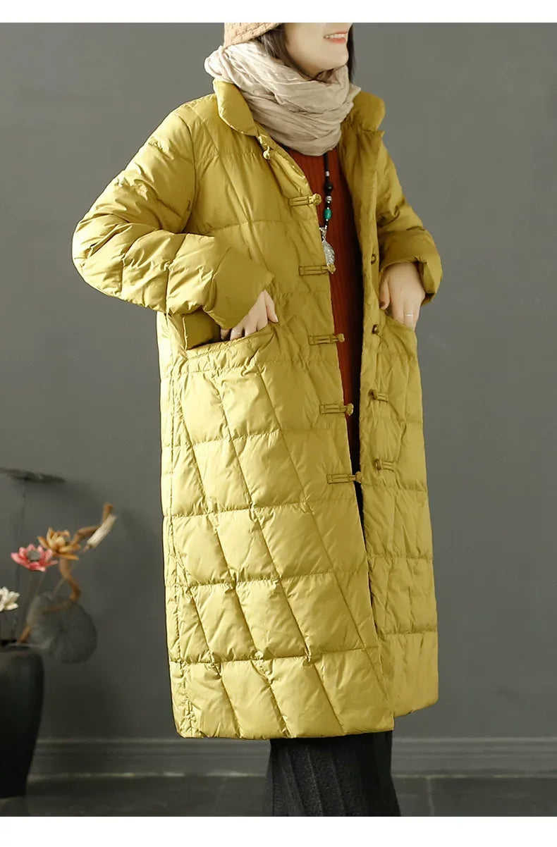 Diamond Quilted Frog Button Mandarin Collar Midi Padded Coat
