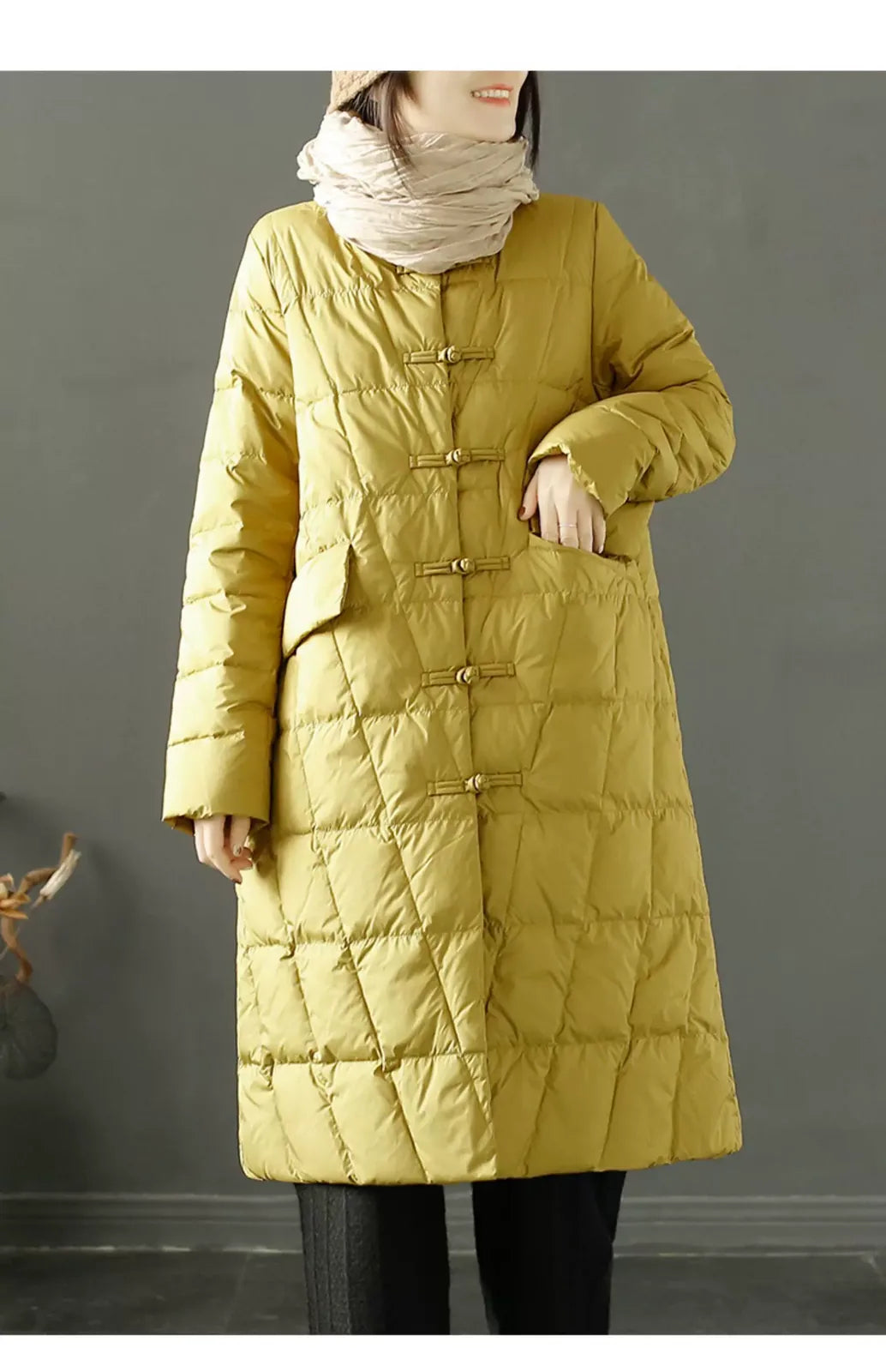 Diamond Quilted Frog Button Mandarin Collar Midi Padded Coat