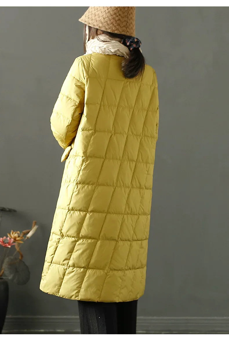 Diamond Quilted Frog Button Mandarin Collar Midi Padded Coat