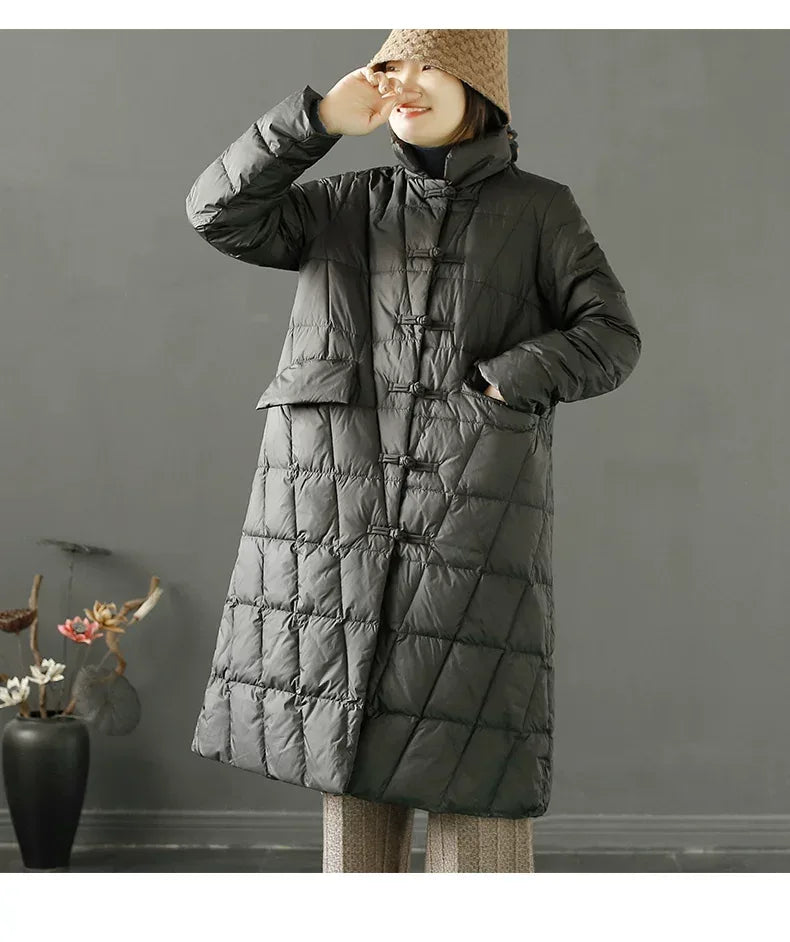 Diamond Quilted Frog Button Mandarin Collar Midi Padded Coat