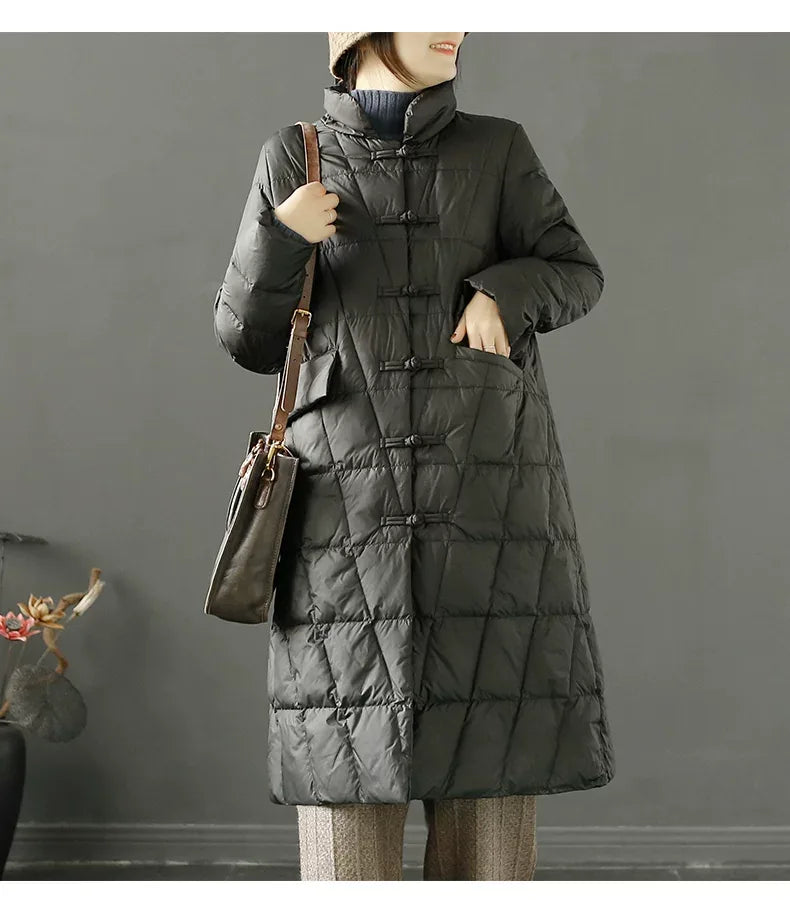 Diamond Quilted Frog Button Mandarin Collar Midi Padded Coat