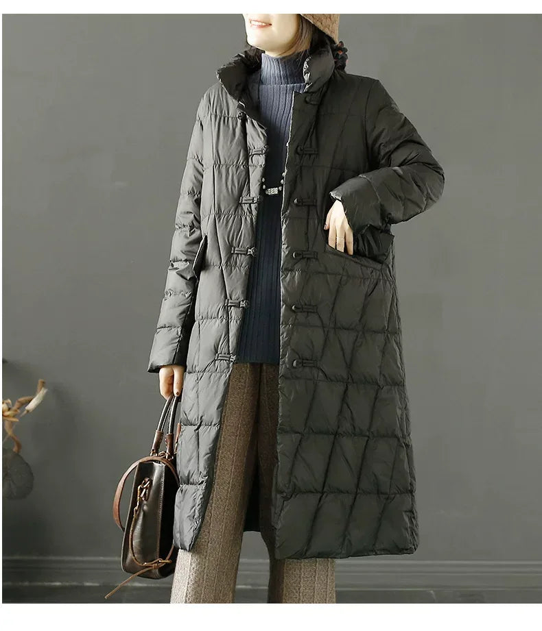Diamond Quilted Frog Button Mandarin Collar Midi Padded Coat