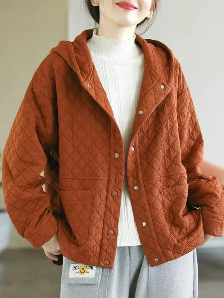 Diamond Quilted Hooded Button Jacket