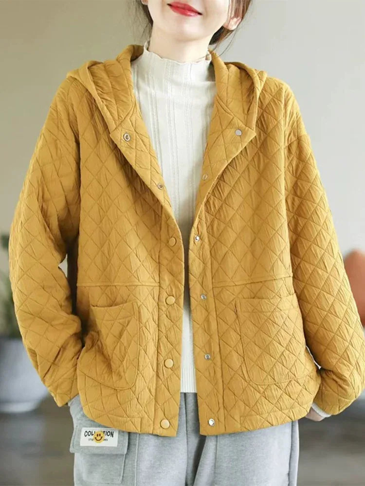Diamond Quilted Hooded Button Jacket