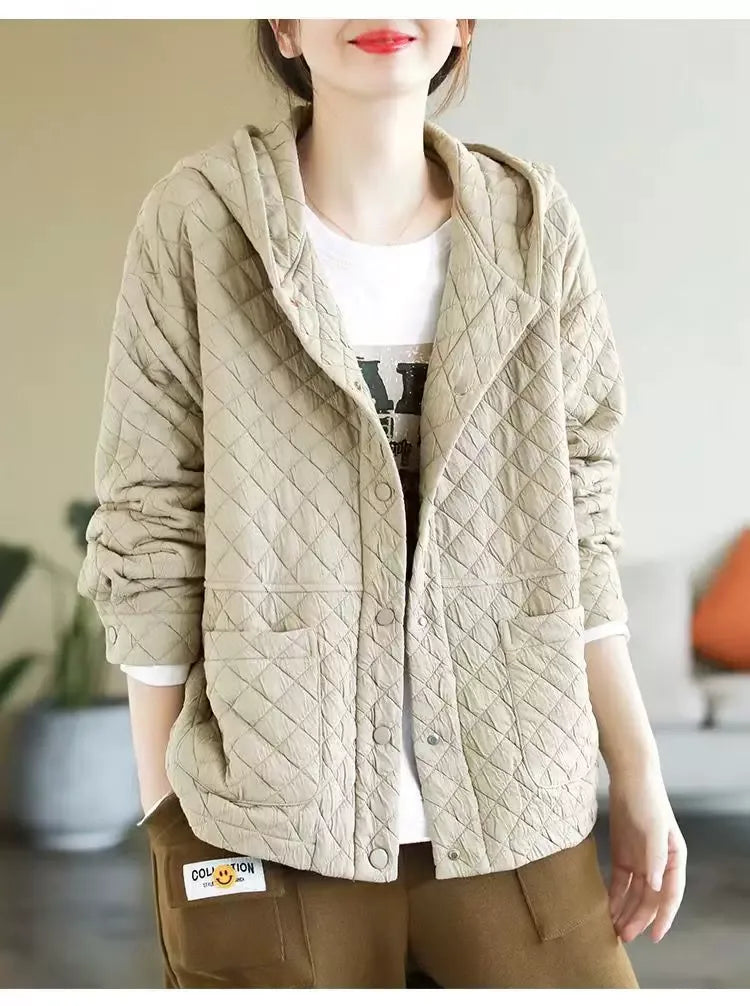 Diamond Quilted Hooded Button Jacket - Red