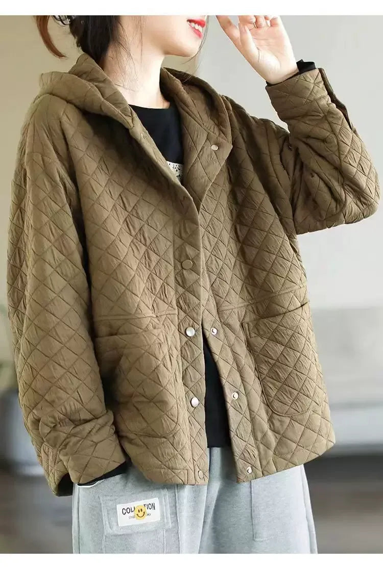 Diamond Quilted Hooded Button Jacket - Yellow