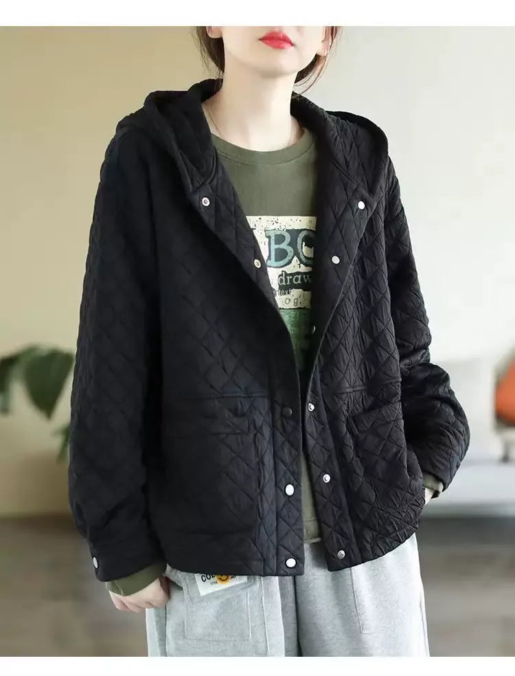 Diamond Quilted Hooded Button Jacket - Brown