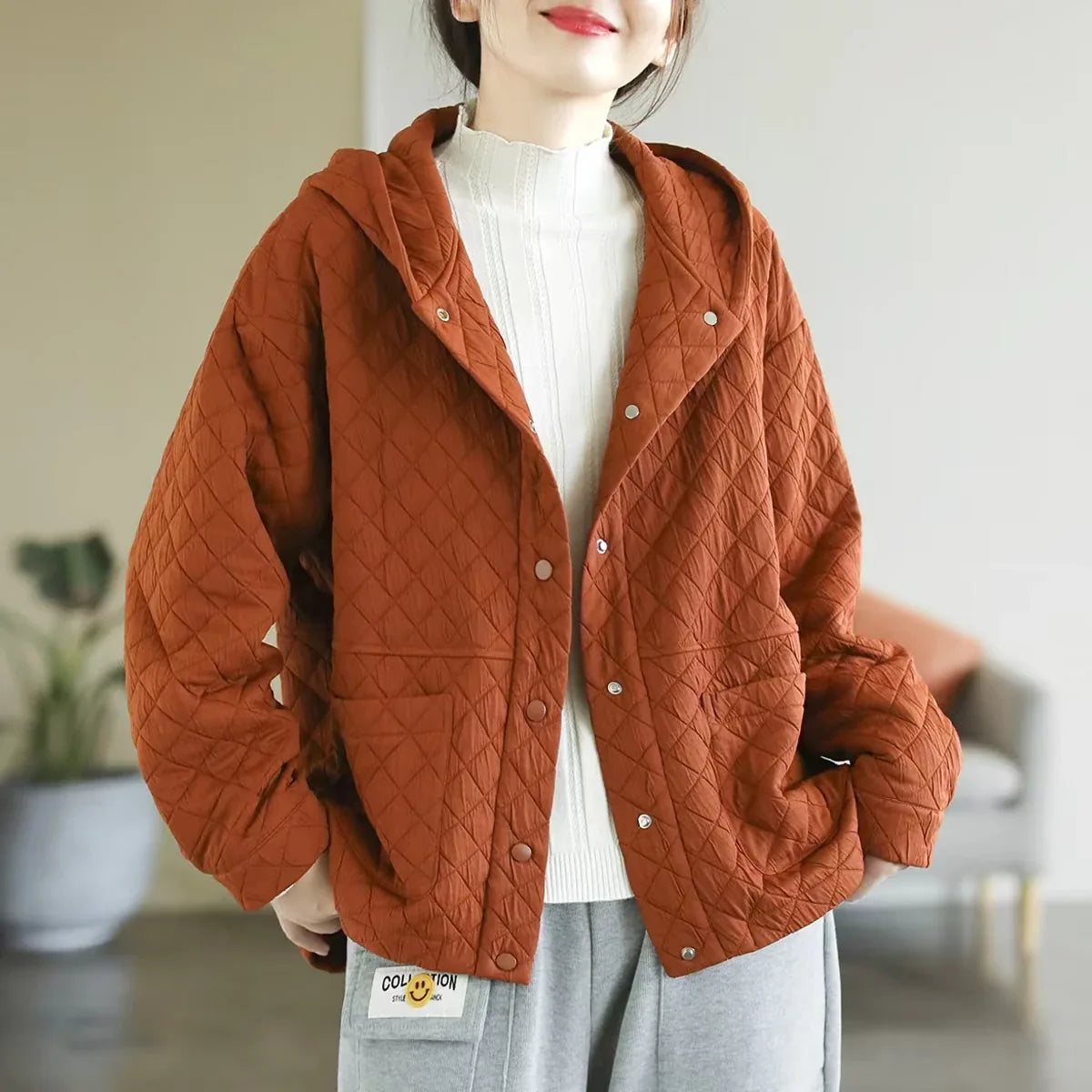 Diamond Quilted Hooded Button Jacket - Black