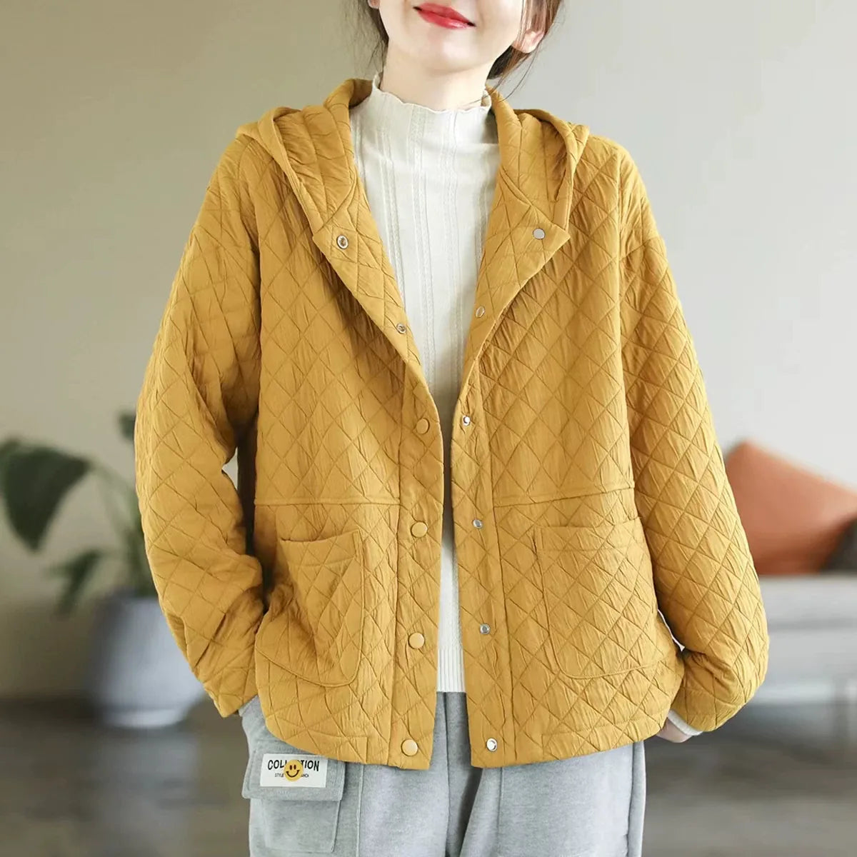 Diamond Quilted Hooded Button Jacket - Beige