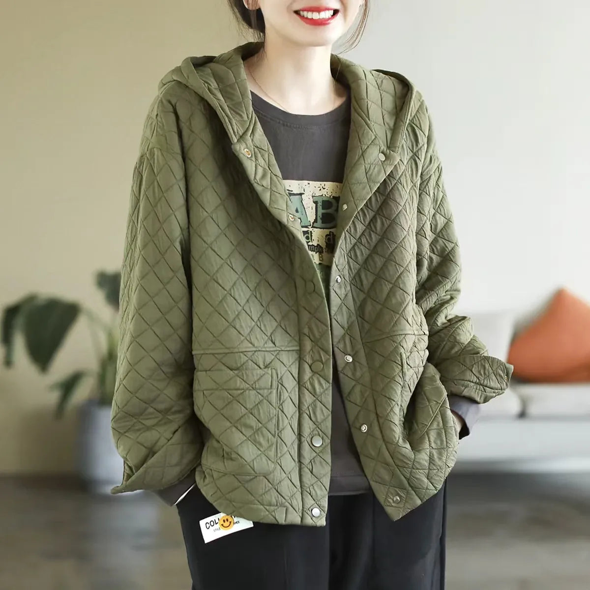 Diamond Quilted Hooded Button Jacket - Green