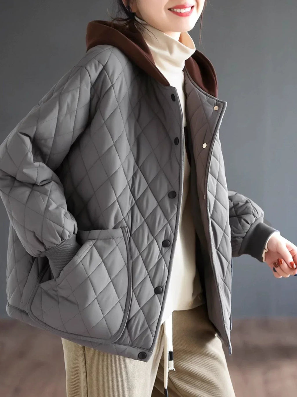Diamond Quilted Hooded Padded Jacket with Patch Pockets