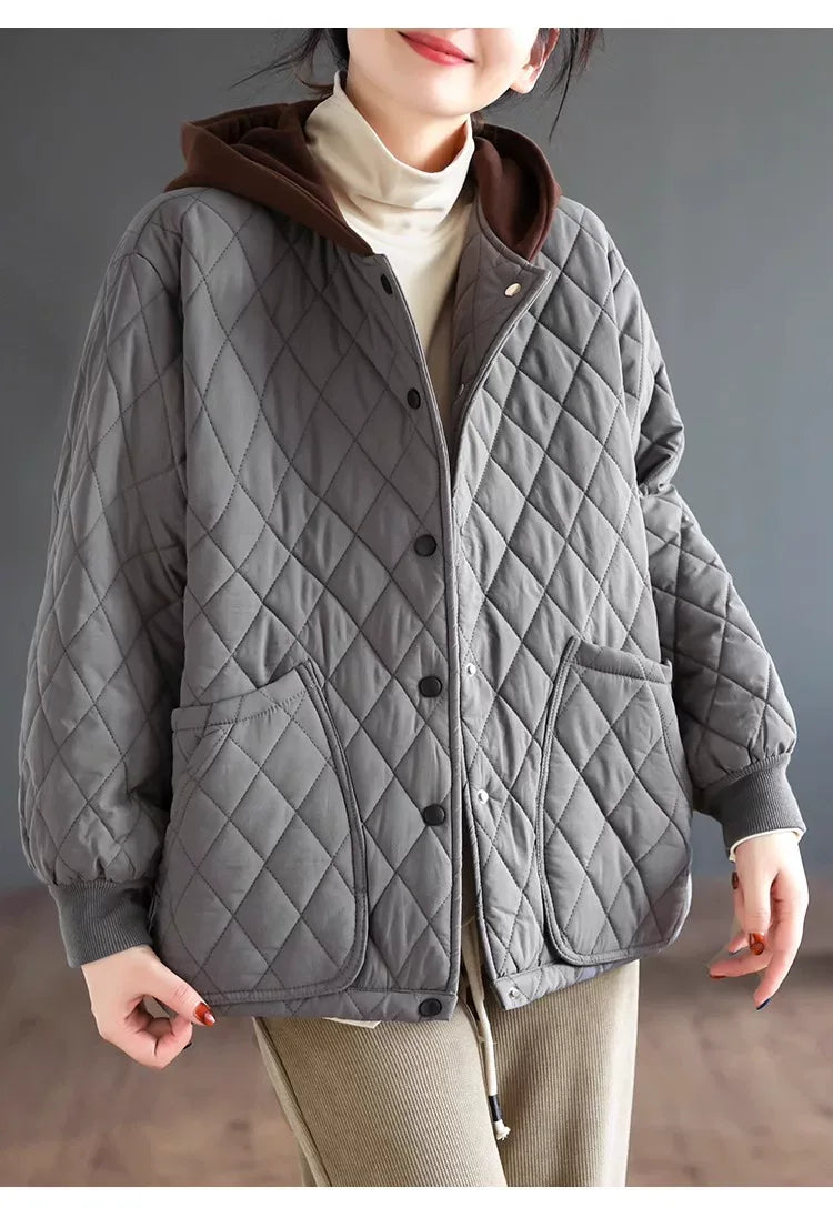 Diamond Quilted Hooded Padded Jacket with Patch Pockets
