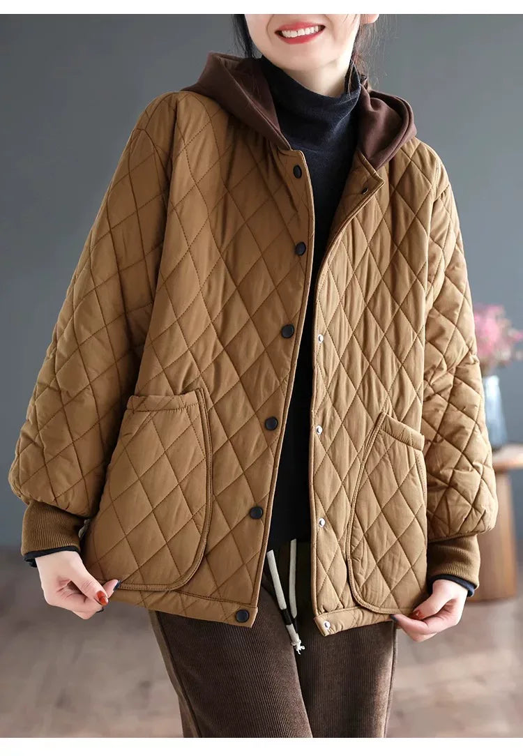 Diamond Quilted Hooded Padded Jacket with Patch Pockets