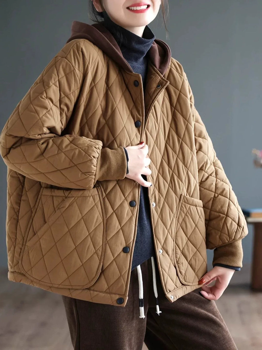 Diamond Quilted Hooded Padded Jacket with Patch Pockets