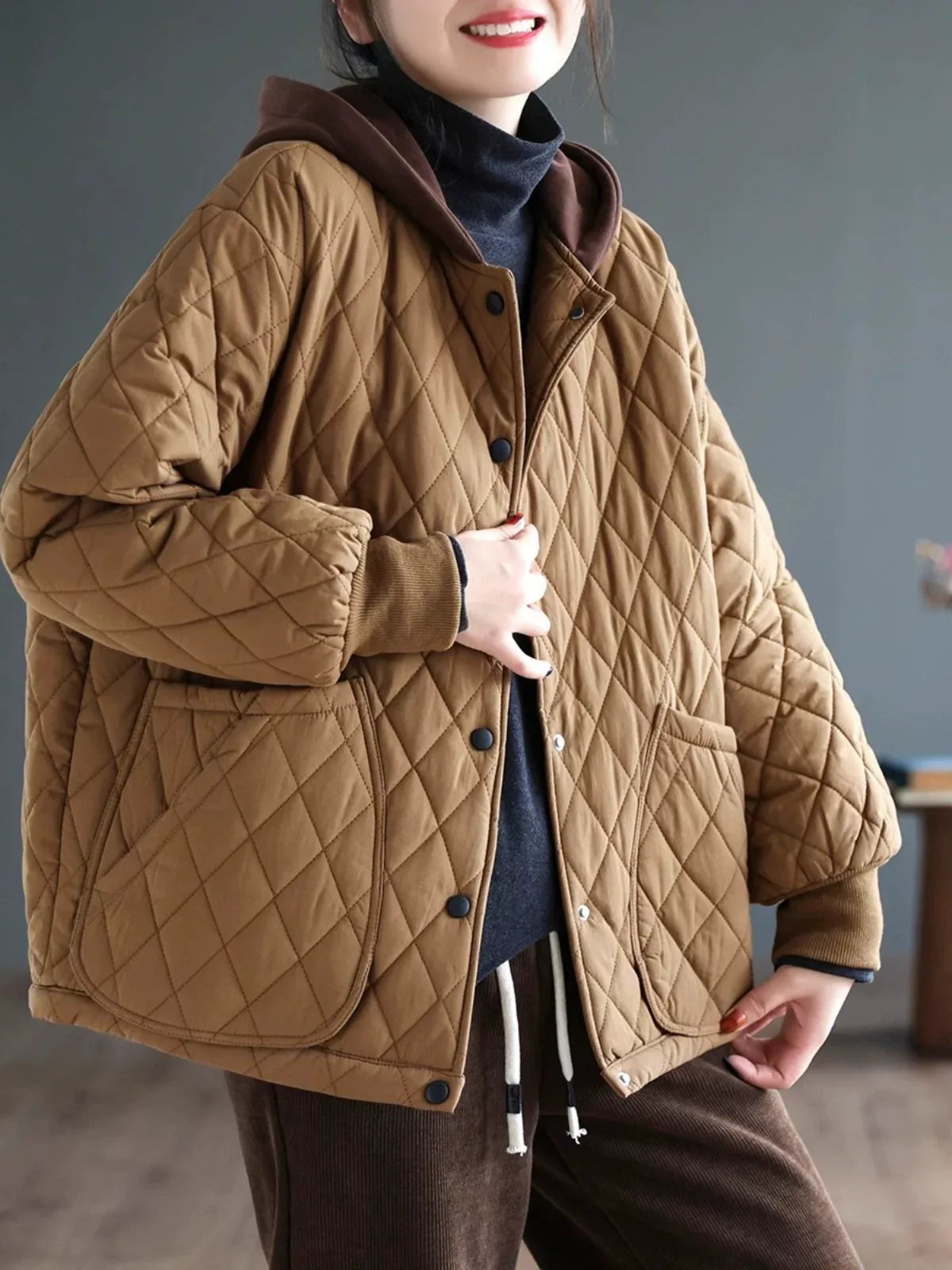 Diamond Quilted Hooded Padded Jacket with Patch Pockets