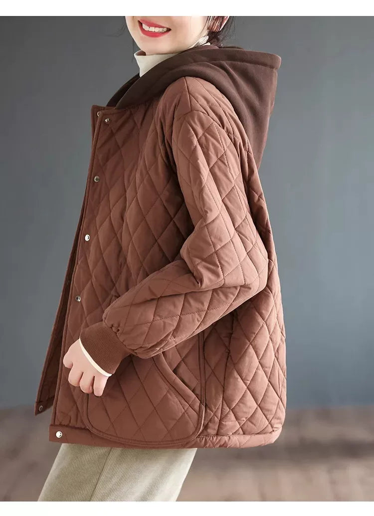 Diamond Quilted Hooded Padded Jacket with Patch Pockets