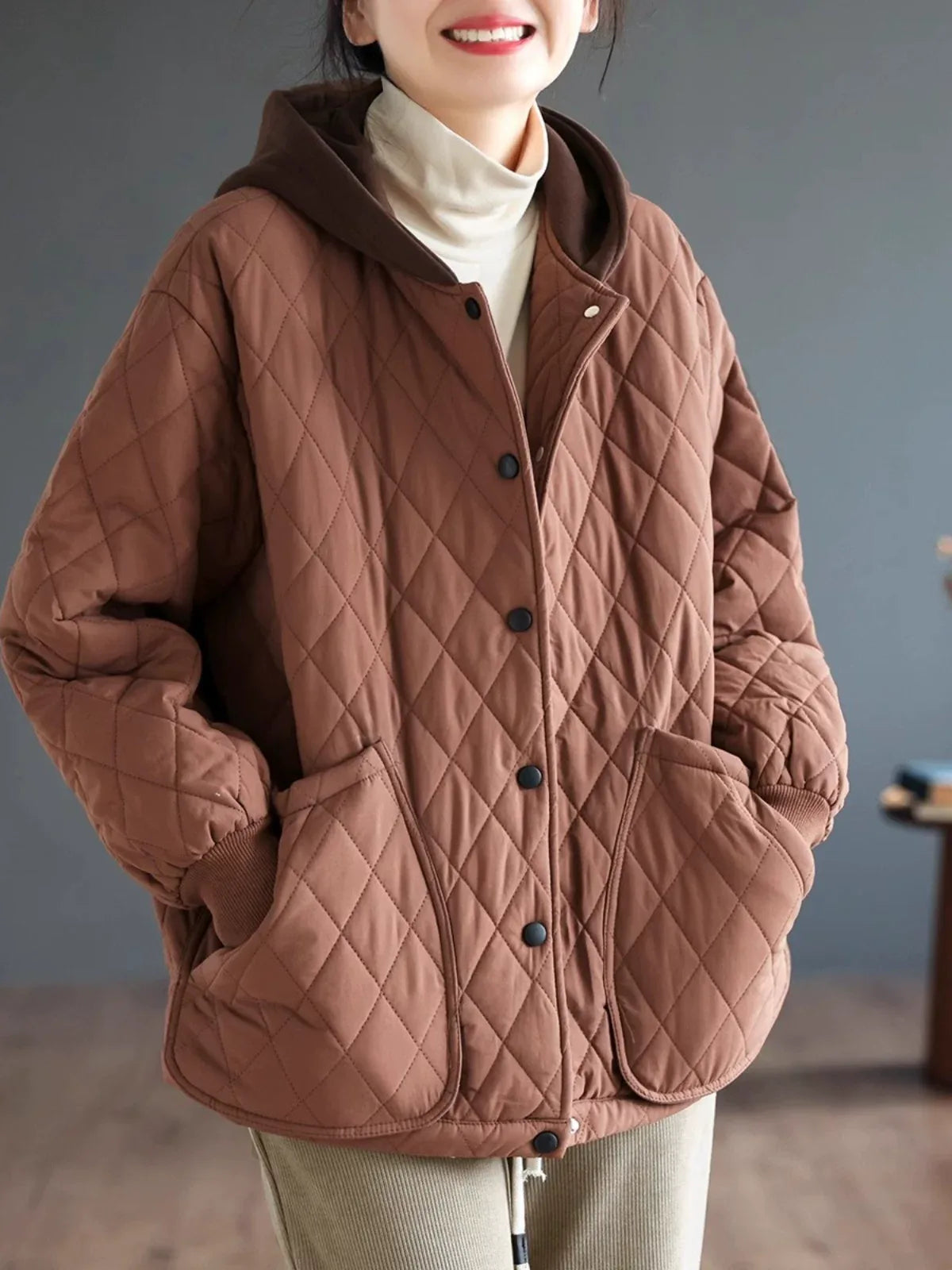 Diamond Quilted Hooded Padded Jacket with Patch Pockets