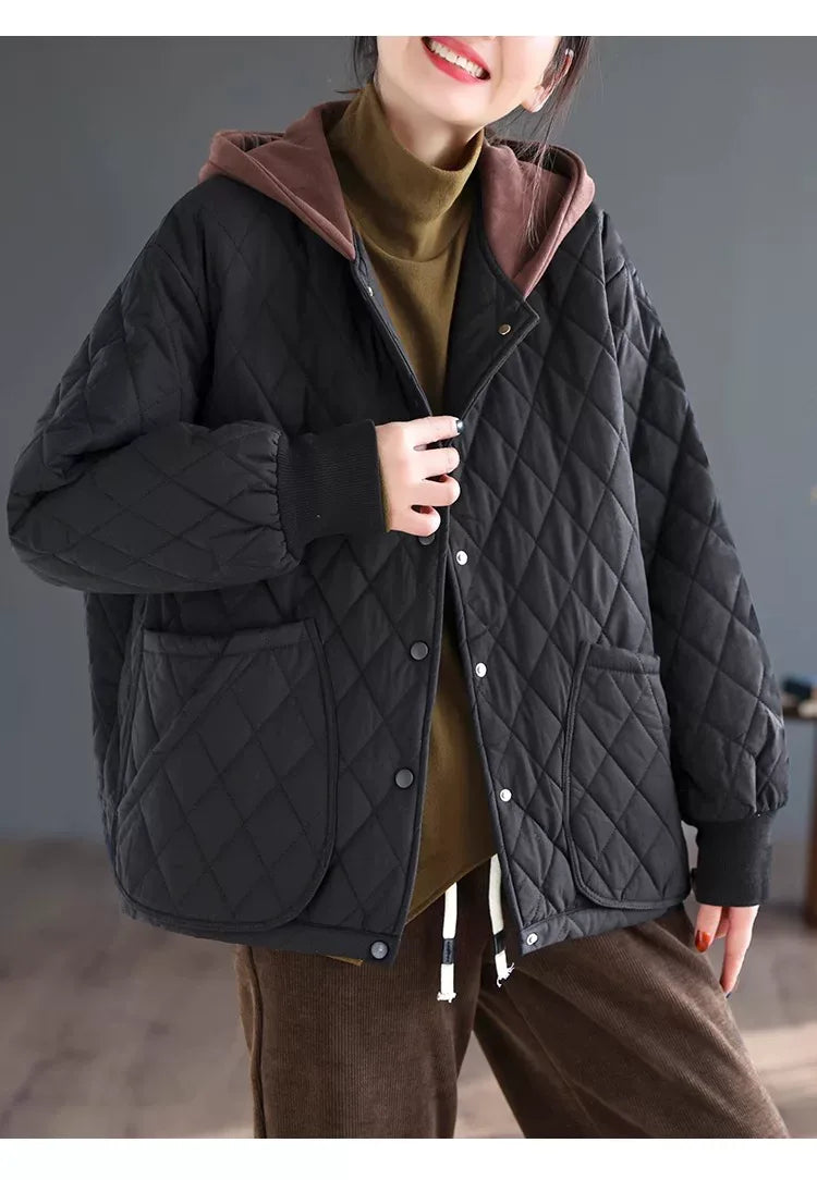 Diamond Quilted Hooded Padded Jacket with Patch Pockets