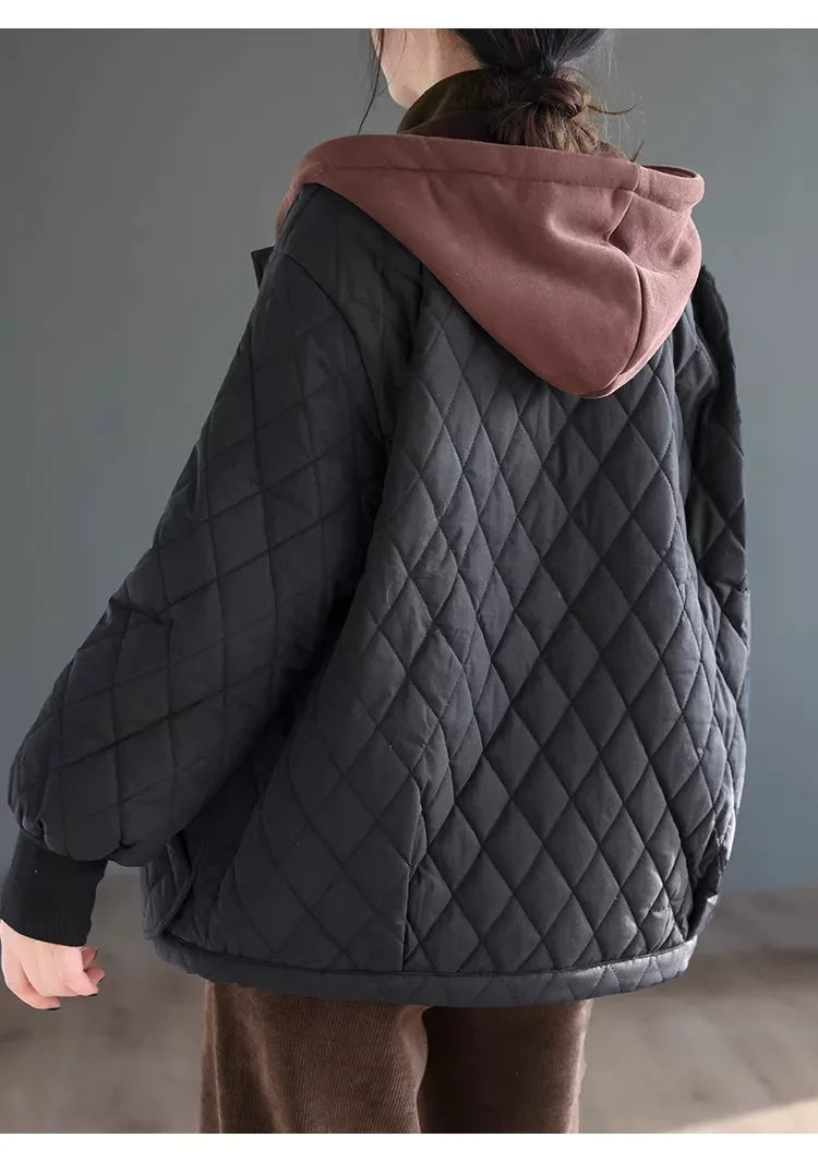 Diamond Quilted Hooded Padded Jacket with Patch Pockets