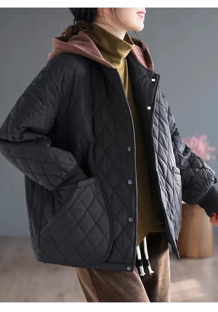 Diamond Quilted Hooded Padded Jacket with Patch Pockets