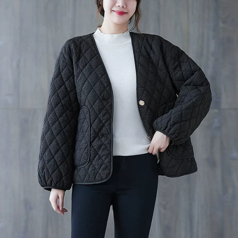 Diamond Quilted Padded Jacket with Contrast Piping
