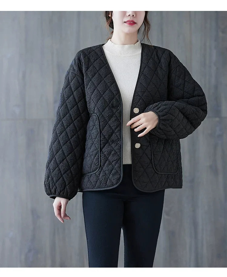 Diamond Quilted Padded Jacket with Contrast Piping