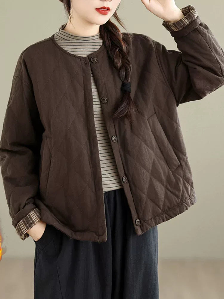 Diamond Quilted Padded Jacket with Contrast Plaid Cuffs
