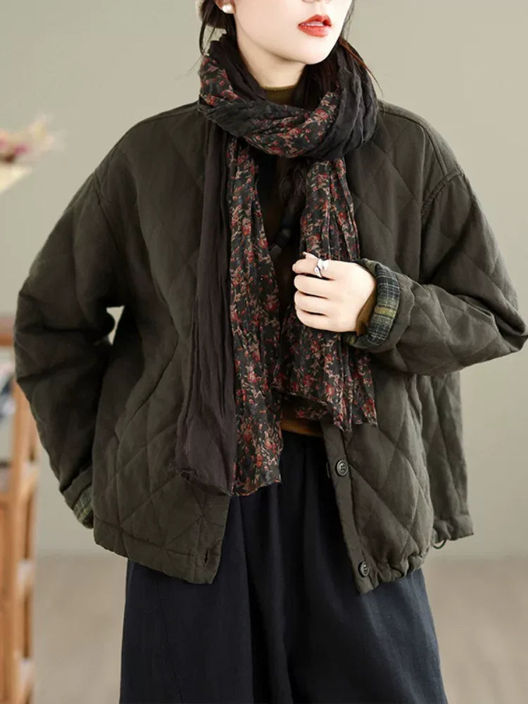 Diamond Quilted Padded Jacket with Contrast Plaid Cuffs