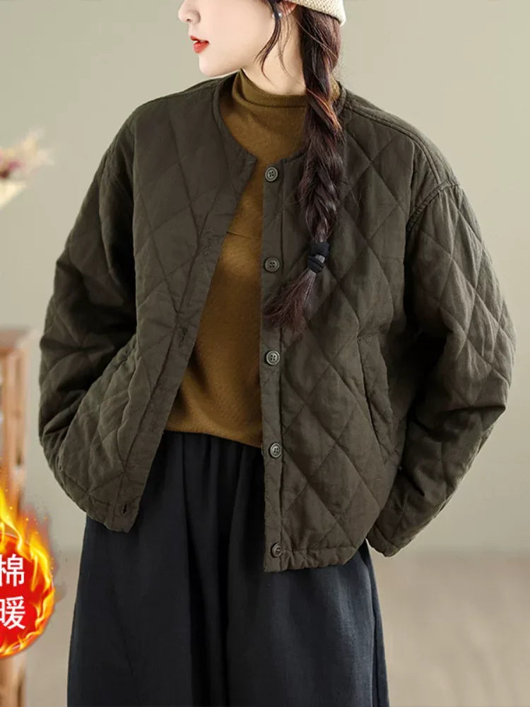 Diamond Quilted Padded Jacket with Contrast Plaid Cuffs