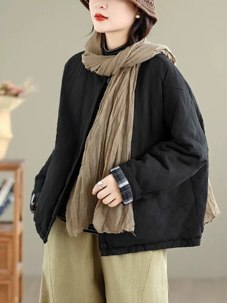 Diamond Quilted Padded Jacket with Contrast Plaid Cuffs