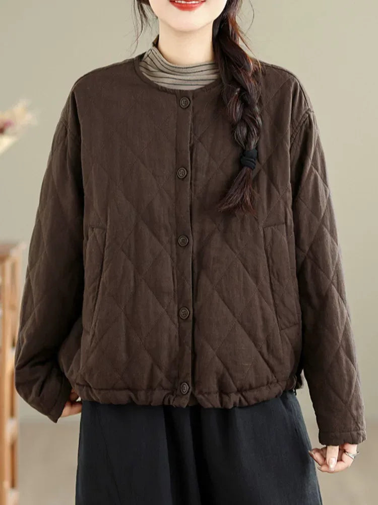 Diamond Quilted Padded Jacket with Contrast Plaid Cuffs