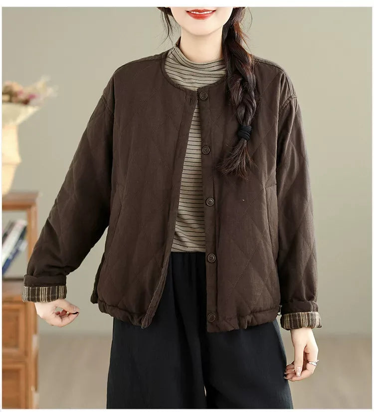 Diamond Quilted Padded Jacket with Contrast Plaid Cuffs