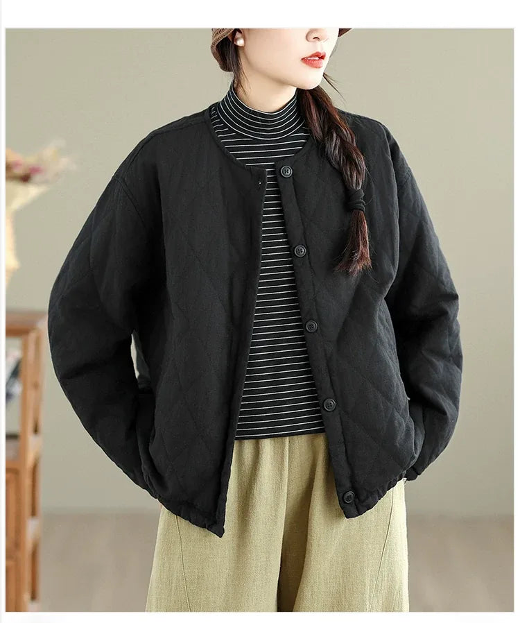 Diamond Quilted Padded Jacket with Contrast Plaid Cuffs