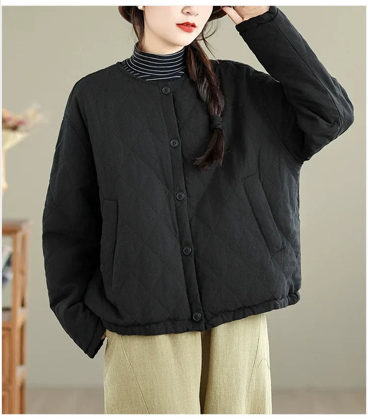 Diamond Quilted Padded Jacket with Contrast Plaid Cuffs