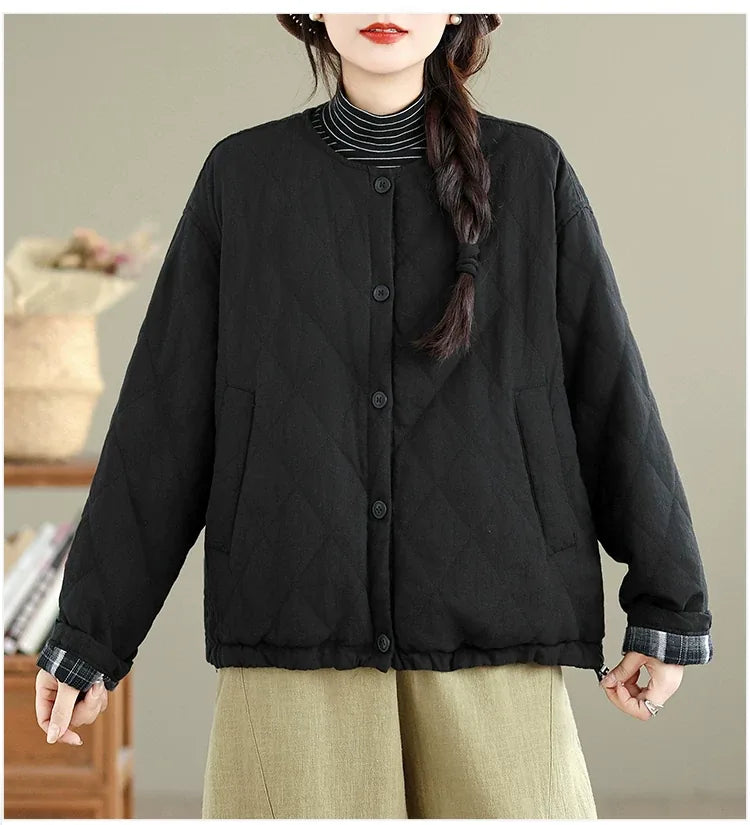 Diamond Quilted Padded Jacket with Contrast Plaid Cuffs