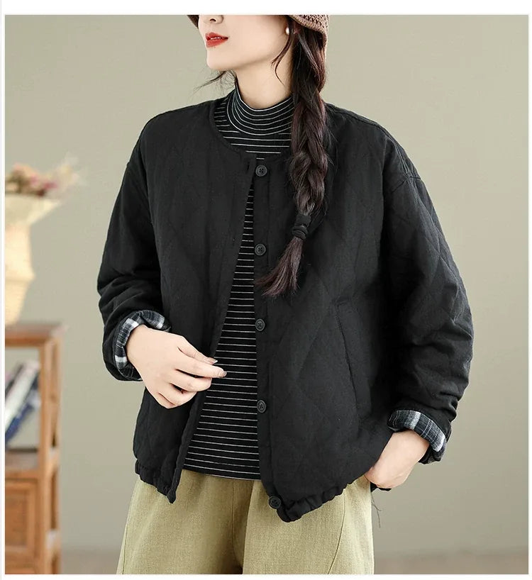 Diamond Quilted Padded Jacket with Contrast Plaid Cuffs