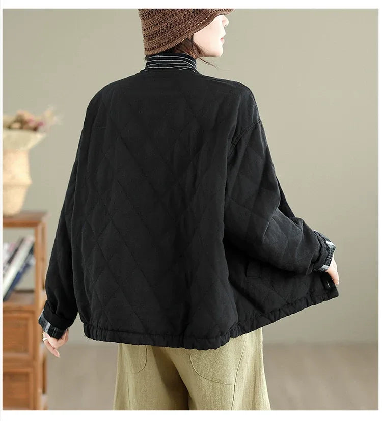 Diamond Quilted Padded Jacket with Contrast Plaid Cuffs