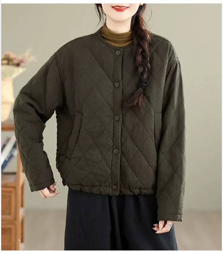 Diamond Quilted Padded Jacket with Contrast Plaid Cuffs