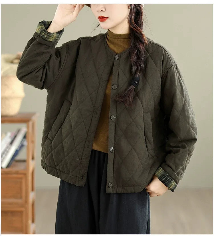 Diamond Quilted Padded Jacket with Contrast Plaid Cuffs