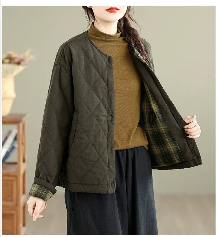 Diamond Quilted Padded Jacket with Contrast Plaid Cuffs