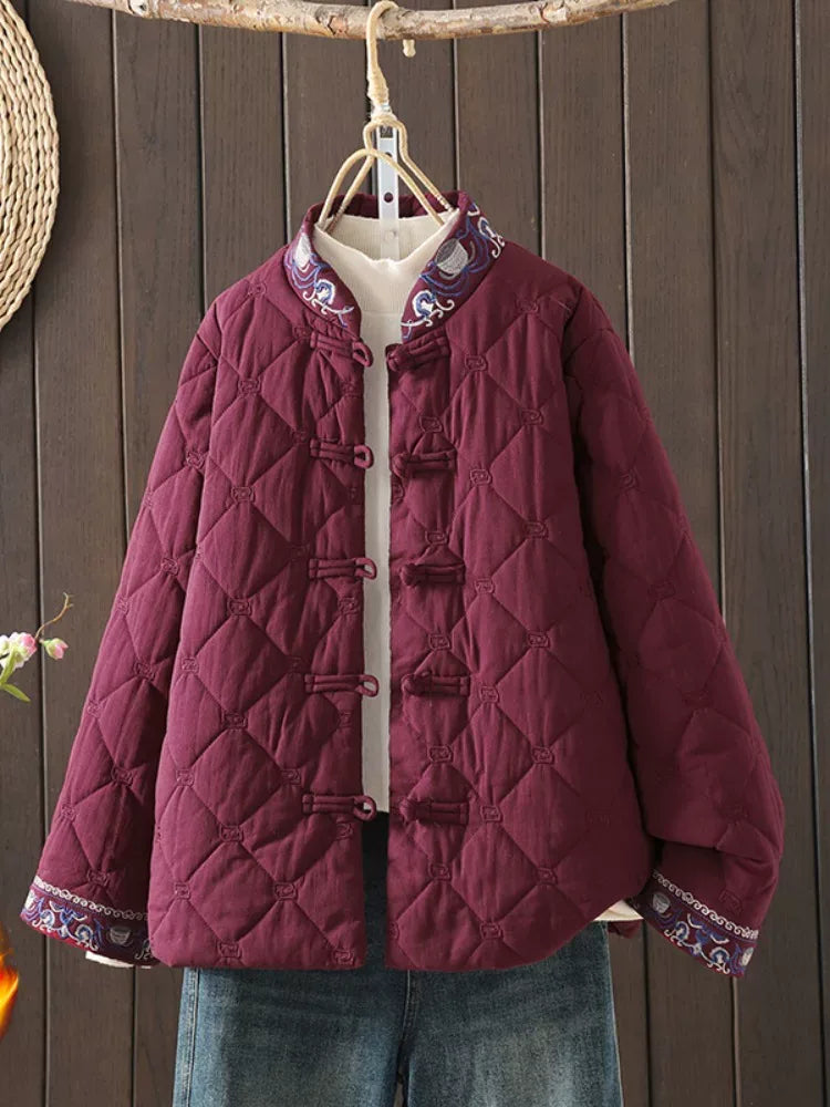 Diamond Quilted Padded Jacket with Frog Buttons and Mandarin Collar