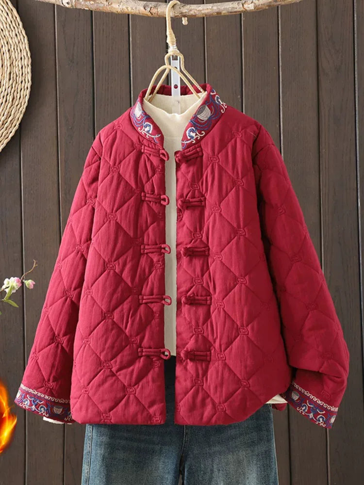 Diamond Quilted Padded Jacket with Frog Buttons and Mandarin Collar